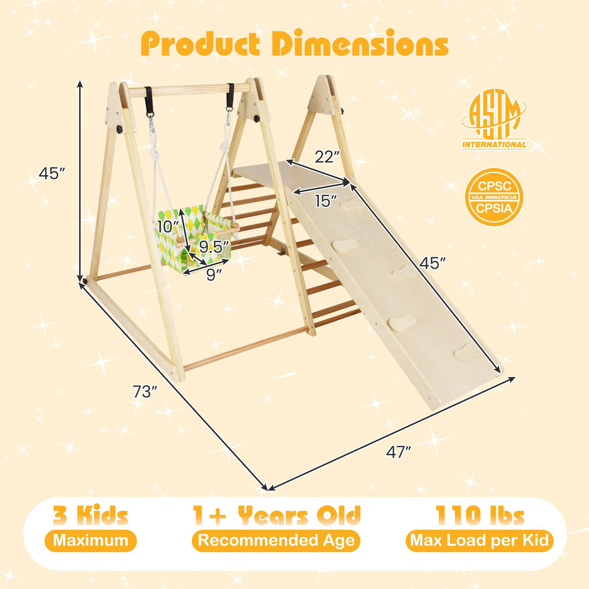 4-in-1 Indoor Jungle Gym with Baby Swing and Climbing Ramp-Natural view 5