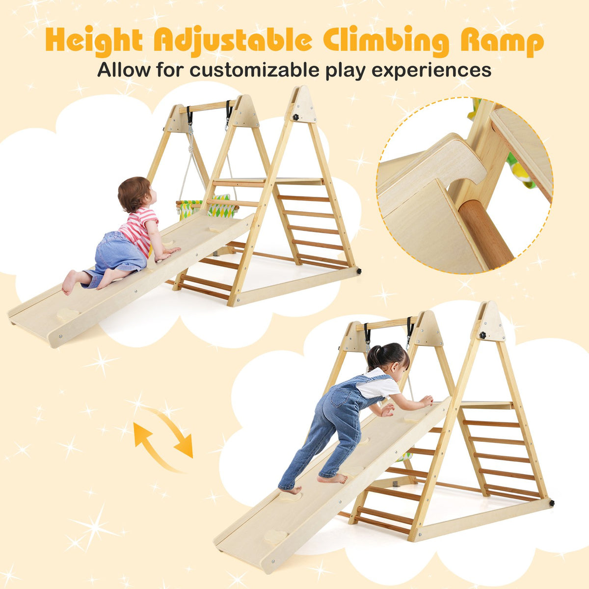 4-in-1 Indoor Jungle Gym with Baby Swing and Climbing Ramp-Natural view 7
