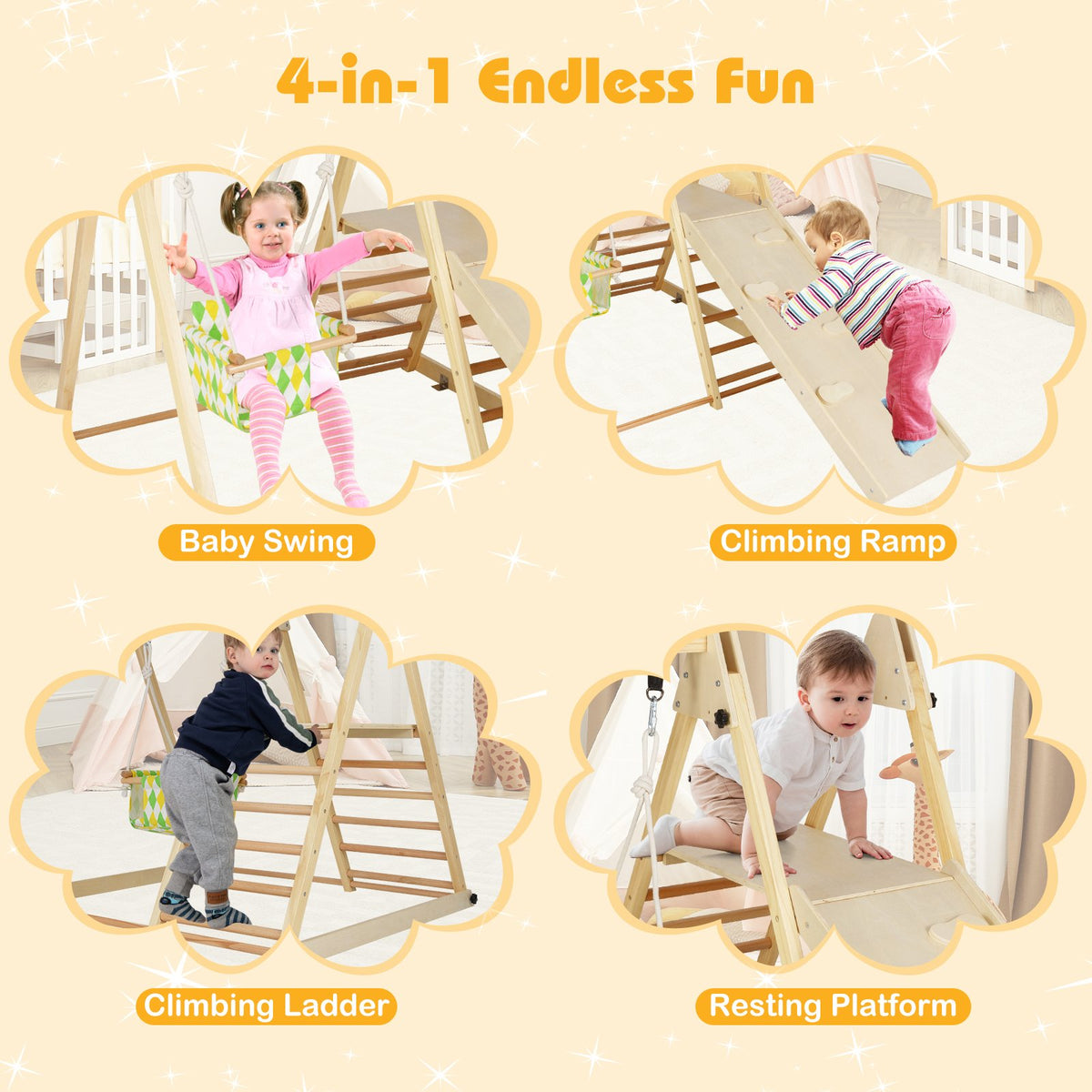 4-in-1 Indoor Jungle Gym with Baby Swing and Climbing Ramp-Natural view 8