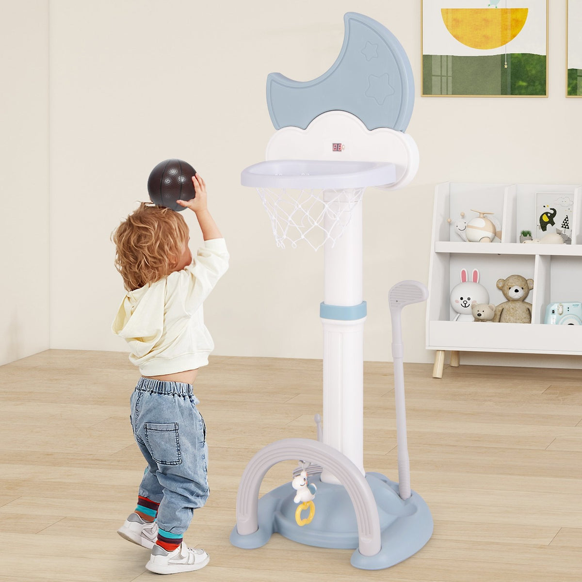 4-In-1 Kids Basketball Hoop with Moon-shaped Electronic Scoreboard and Play Set-Blue view 2