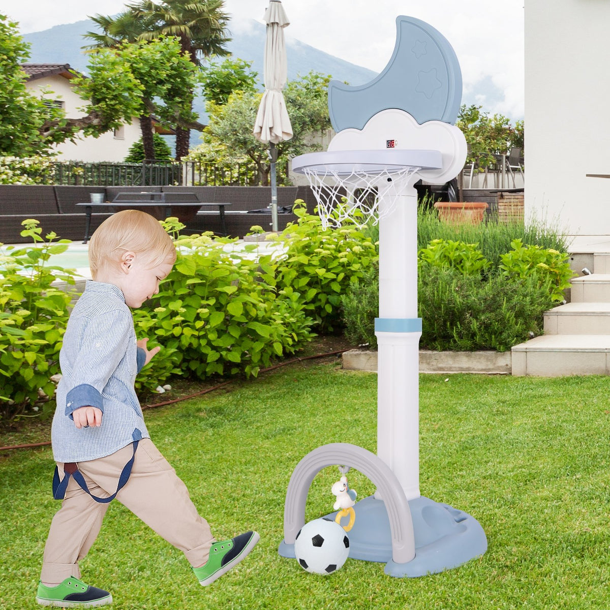 4-In-1 Kids Basketball Hoop with Moon-shaped Electronic Scoreboard and Play Set-Blue view 3