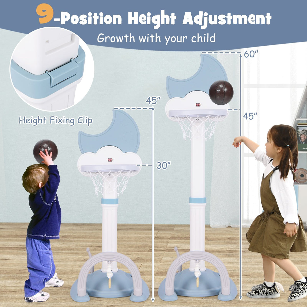 4-In-1 Kids Basketball Hoop with Moon-shaped Electronic Scoreboard and Play Set-Blue view 6