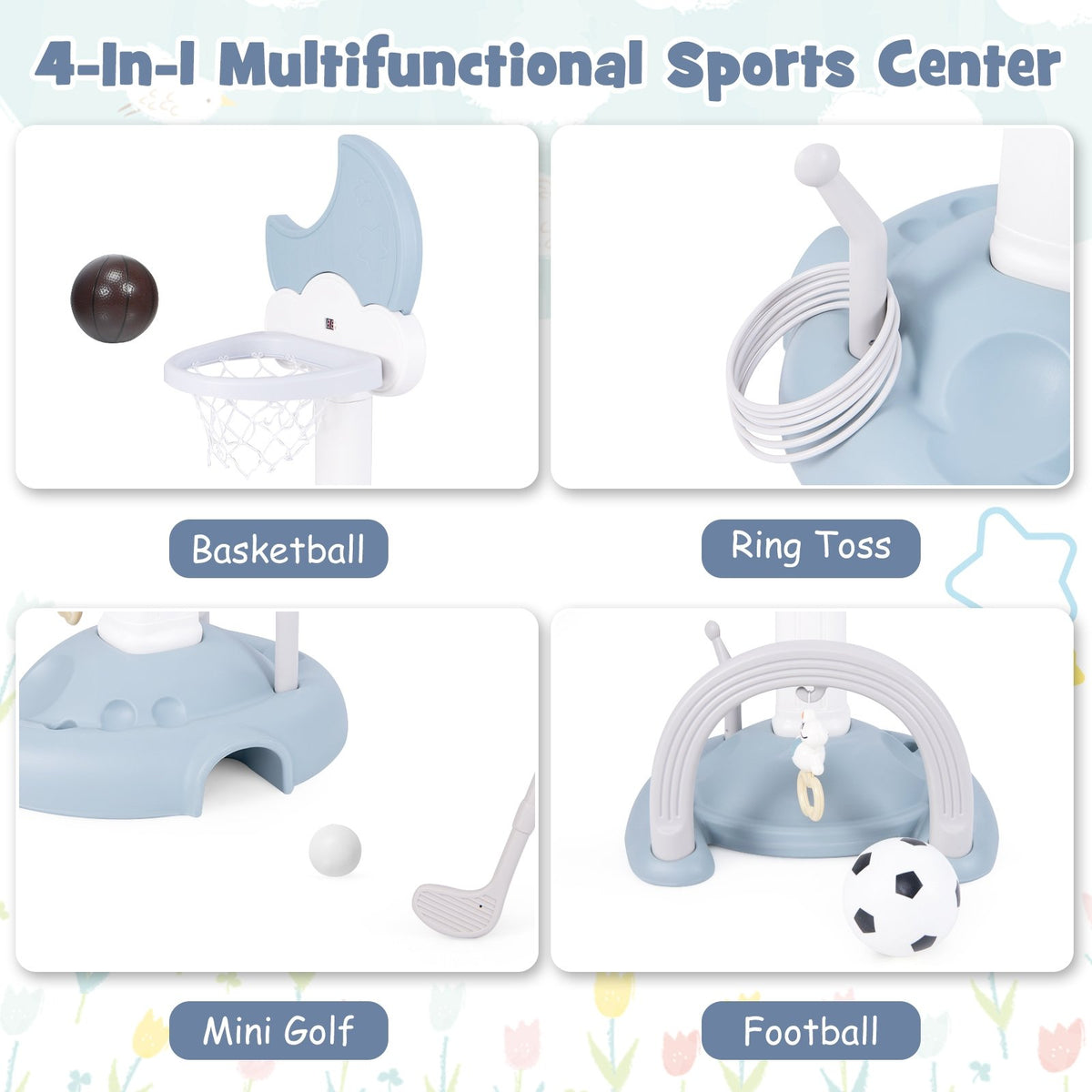 4-In-1 Kids Basketball Hoop with Moon-shaped Electronic Scoreboard and Play Set-Blue view 9