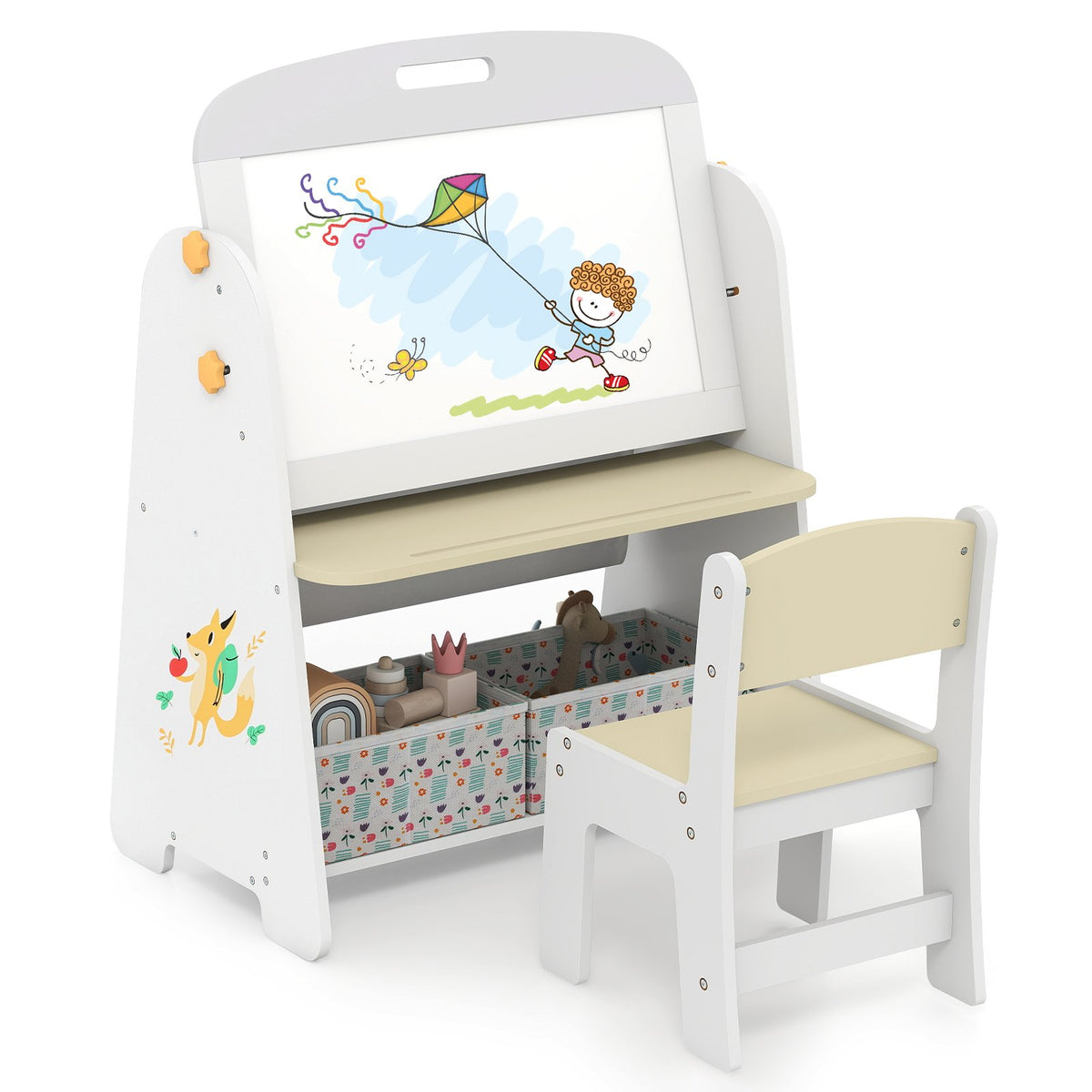 4-in-1 Kids Table and Chair Set Art Easel with Magnetic Whiteboard and Bookshelf-Natural