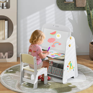 4-in-1 Kids Table and Chair Set Art Easel with Magnetic Whiteboard and Bookshelf-Natural view 2