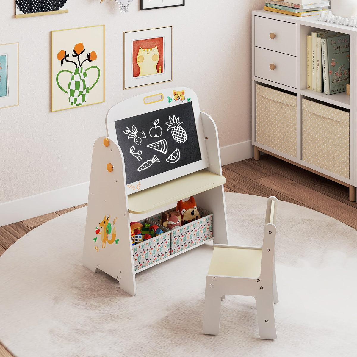 4-in-1 Kids Table and Chair Set Art Easel with Magnetic Whiteboard and Bookshelf-Natural view 3