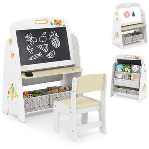 4-in-1 Kids Table and Chair Set Art Easel with Magnetic Whiteboard and Bookshelf-Natural view 4