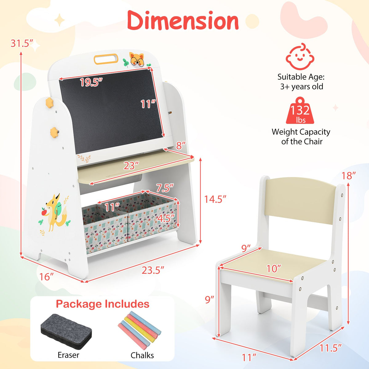 4-in-1 Kids Table and Chair Set Art Easel with Magnetic Whiteboard and Bookshelf-Natural view 5