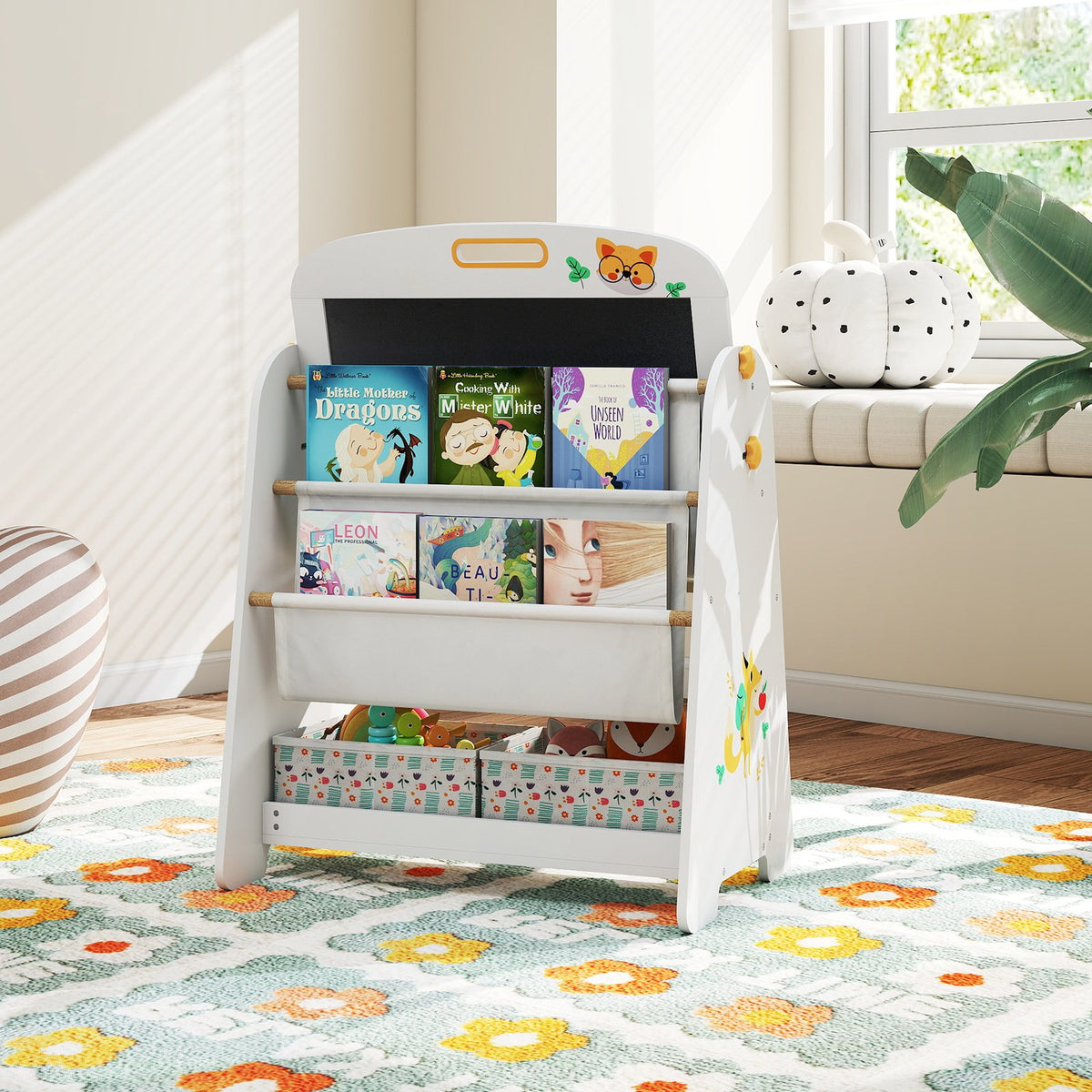 4-in-1 Kids Table and Chair Set Art Easel with Magnetic Whiteboard and Bookshelf-Natural view 6