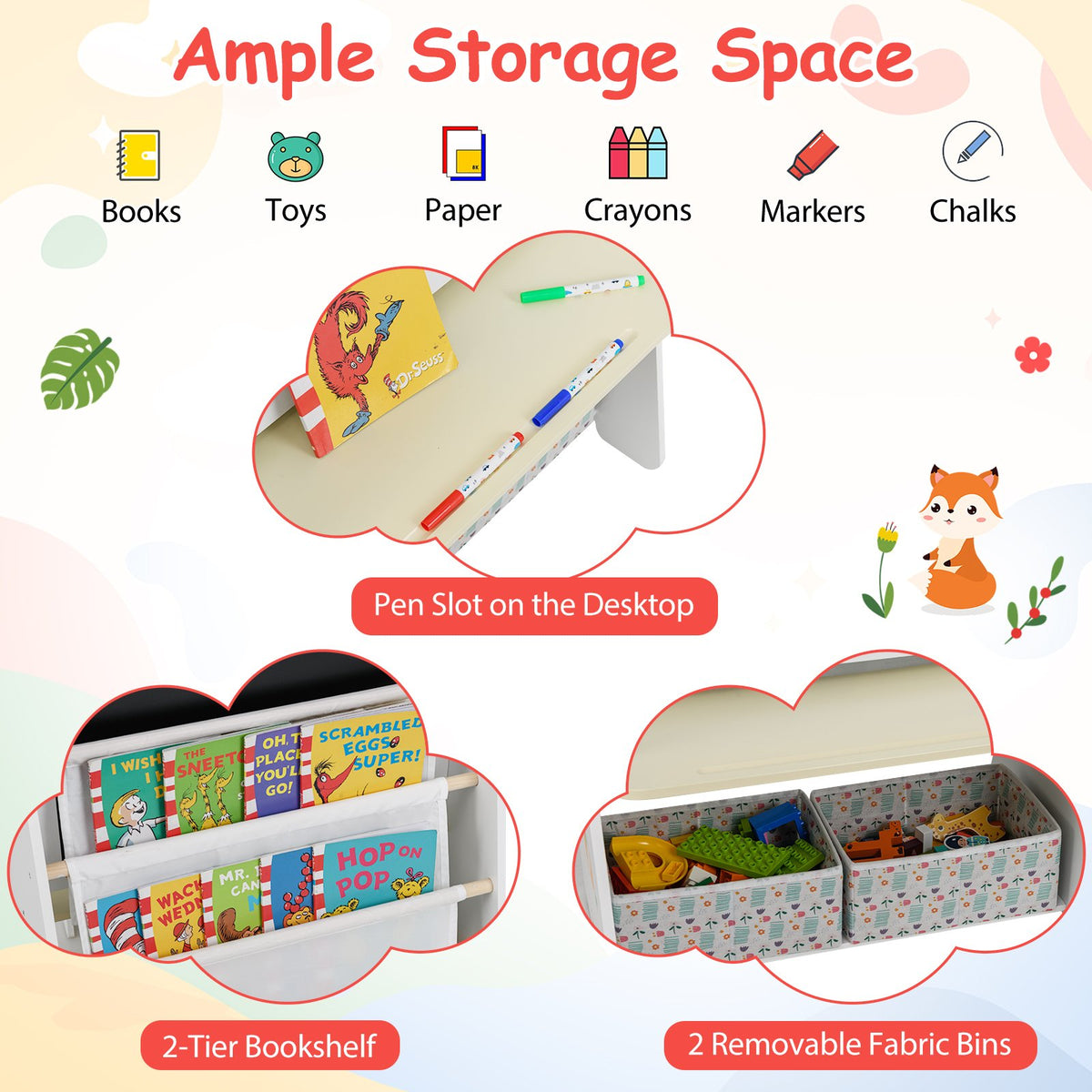 4-in-1 Kids Table and Chair Set Art Easel with Magnetic Whiteboard and Bookshelf-Natural view 9