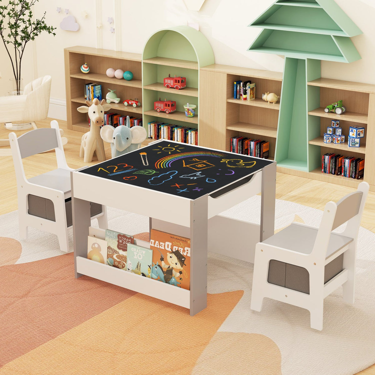 4 in 1 Kids Toddler Activity Table and Chairs Set with Reversible Tabletop-Grey view 2