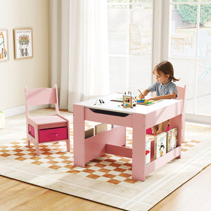 4 in 1 Kids Toddler Activity Table and Chairs Set with Reversible Tabletop-Pink view 2