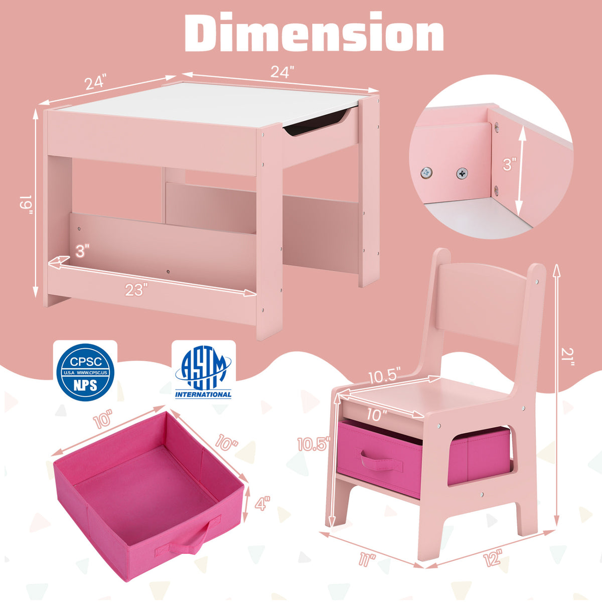 4 in 1 Kids Toddler Activity Table and Chairs Set with Reversible Tabletop-Pink view 4