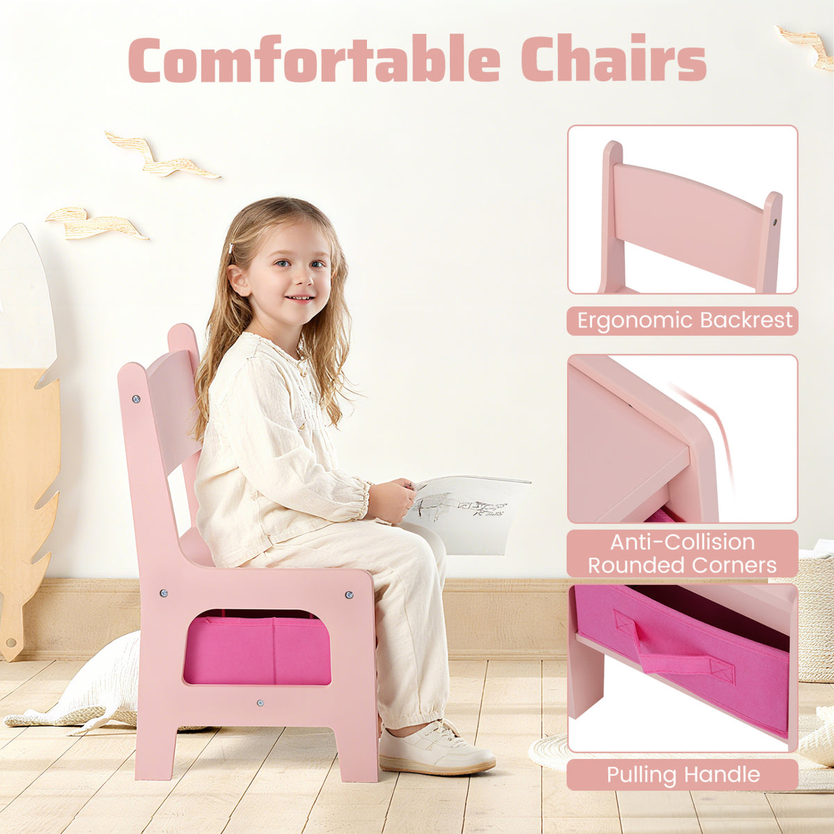 4 in 1 Kids Toddler Activity Table and Chairs Set with Reversible Tabletop-Pink view 8