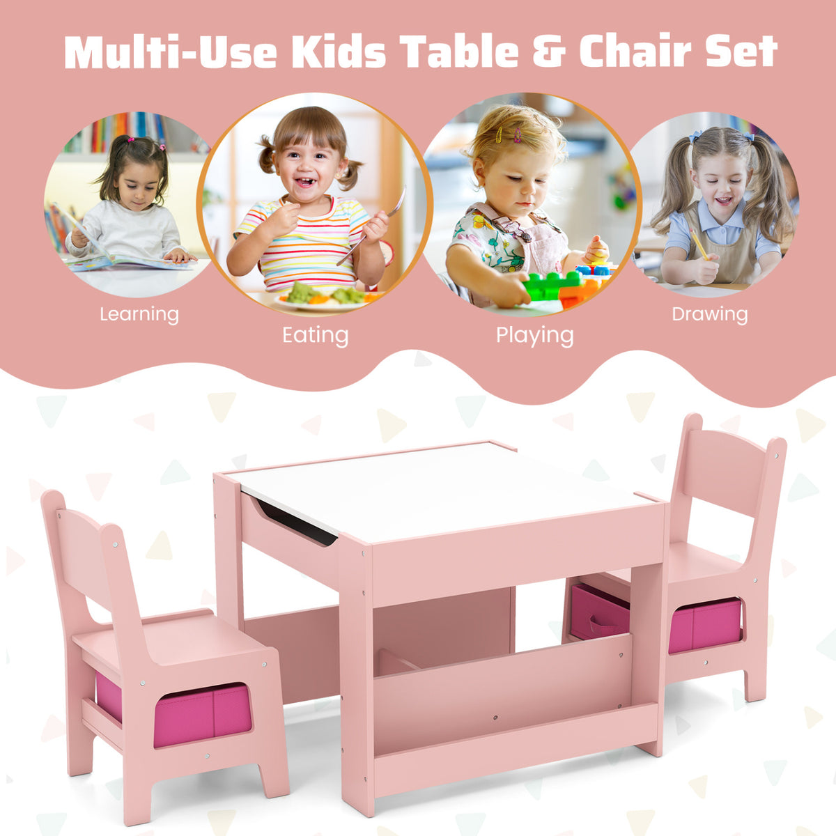 4 in 1 Kids Toddler Activity Table and Chairs Set with Reversible Tabletop-Pink view 9