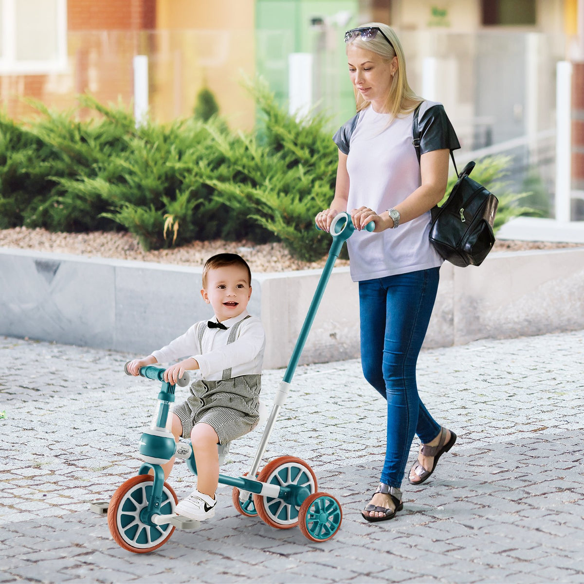 4-in-1 Kids Tricycle with Adjustable Parent Push Handle for 2-4 Years Old-Green view 2