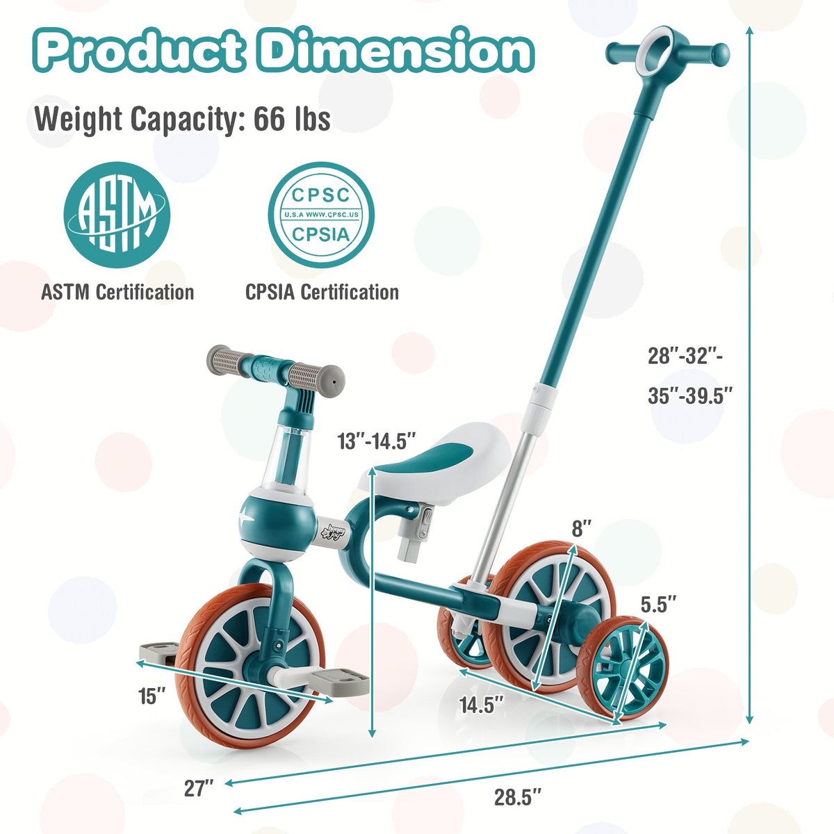 4-in-1 Kids Tricycle with Adjustable Parent Push Handle for 2-4 Years Old-Green view 4