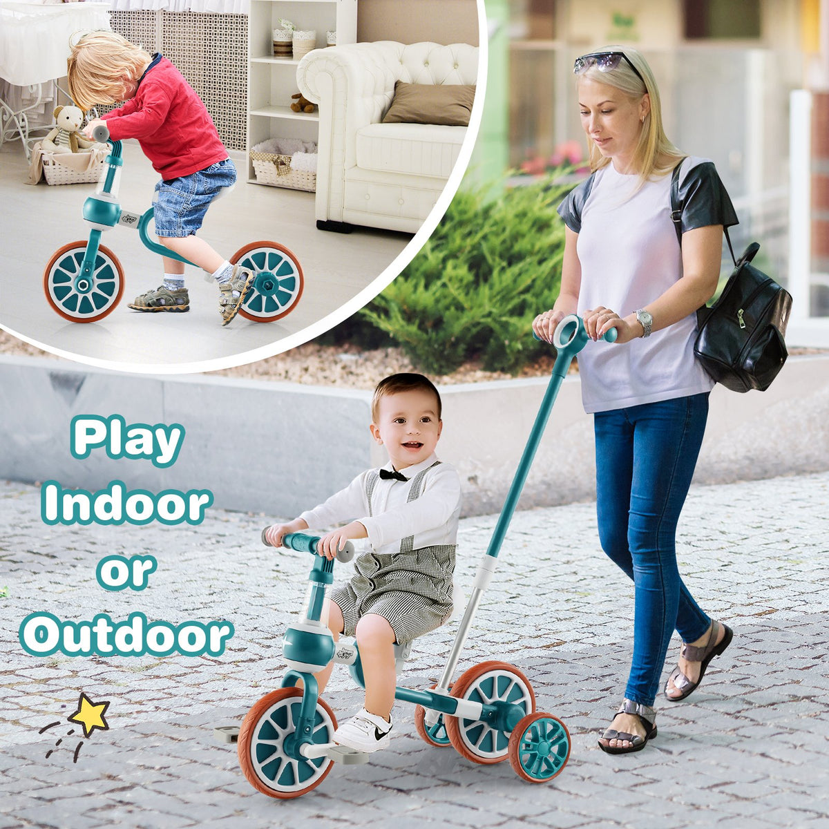 4-in-1 Kids Tricycle with Adjustable Parent Push Handle for 2-4 Years Old-Green view 5