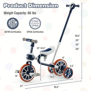 4-in-1 Kids Trike Bike with Adjustable Parent Push Handle and Seat Height-Navy view 3