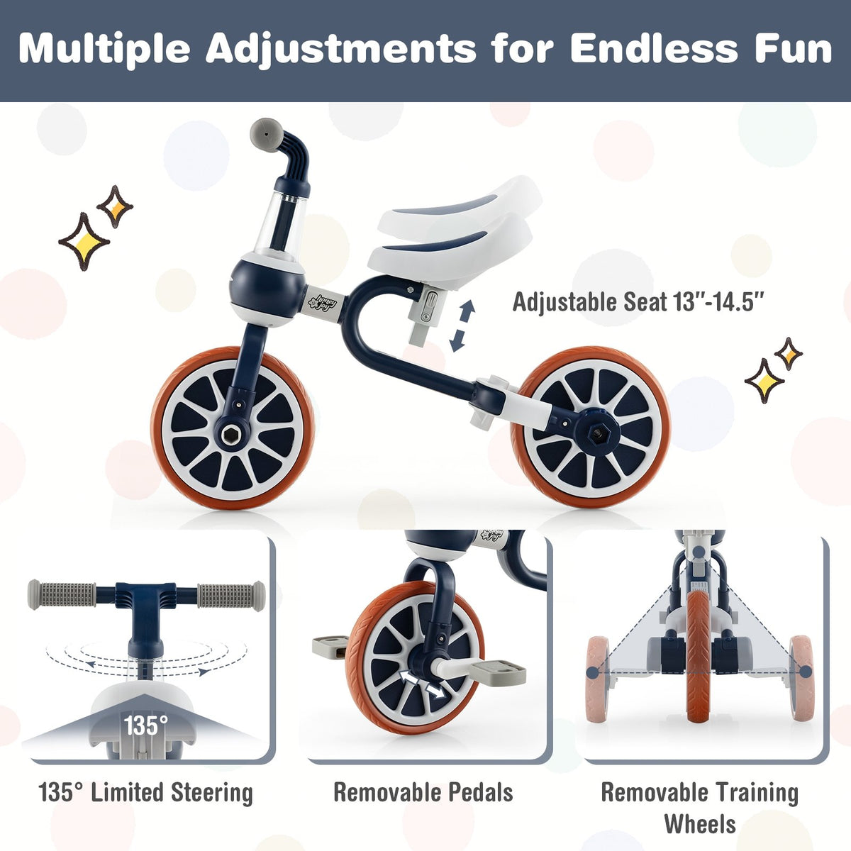 4-in-1 Kids Trike Bike with Adjustable Parent Push Handle and Seat Height-Navy view 6