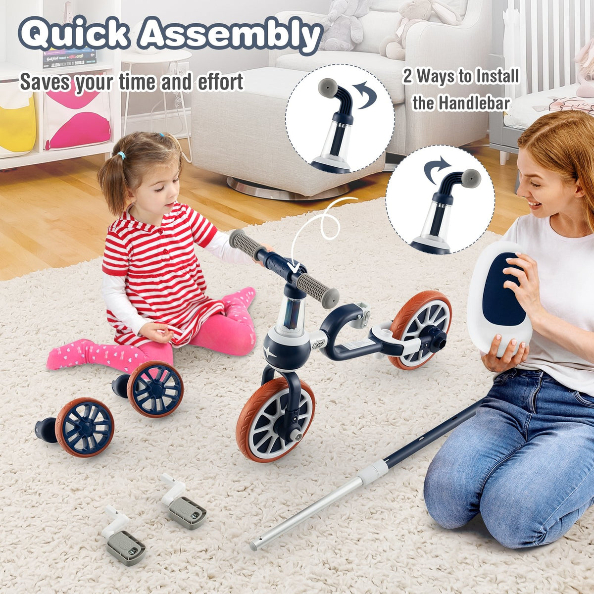 4-in-1 Kids Trike Bike with Adjustable Parent Push Handle and Seat Height-Navy view 8