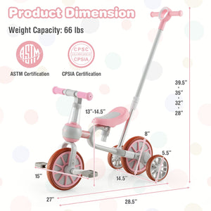 4-in-1 Kids Trike Bike with Adjustable Parent Push Handle and Seat Height-Pink view 3