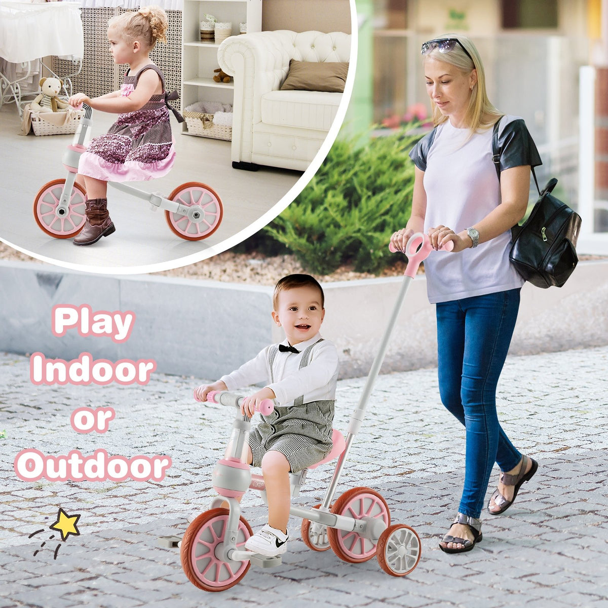 4-in-1 Kids Trike Bike with Adjustable Parent Push Handle and Seat Height-Pink view 4