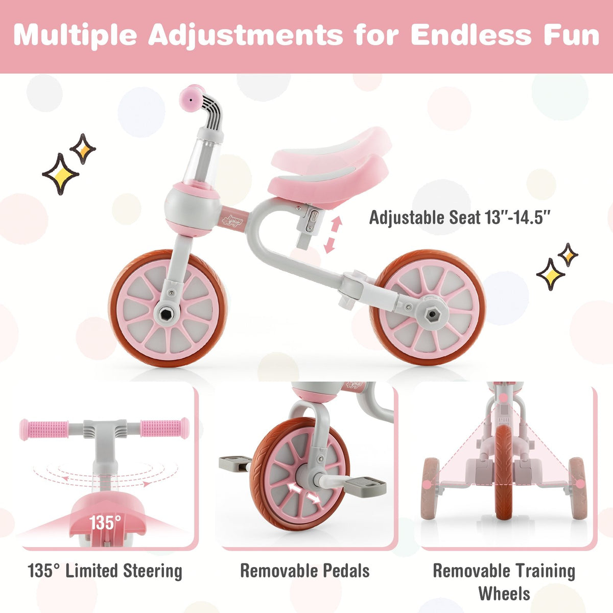 4-in-1 Kids Trike Bike with Adjustable Parent Push Handle and Seat Height-Pink view 5