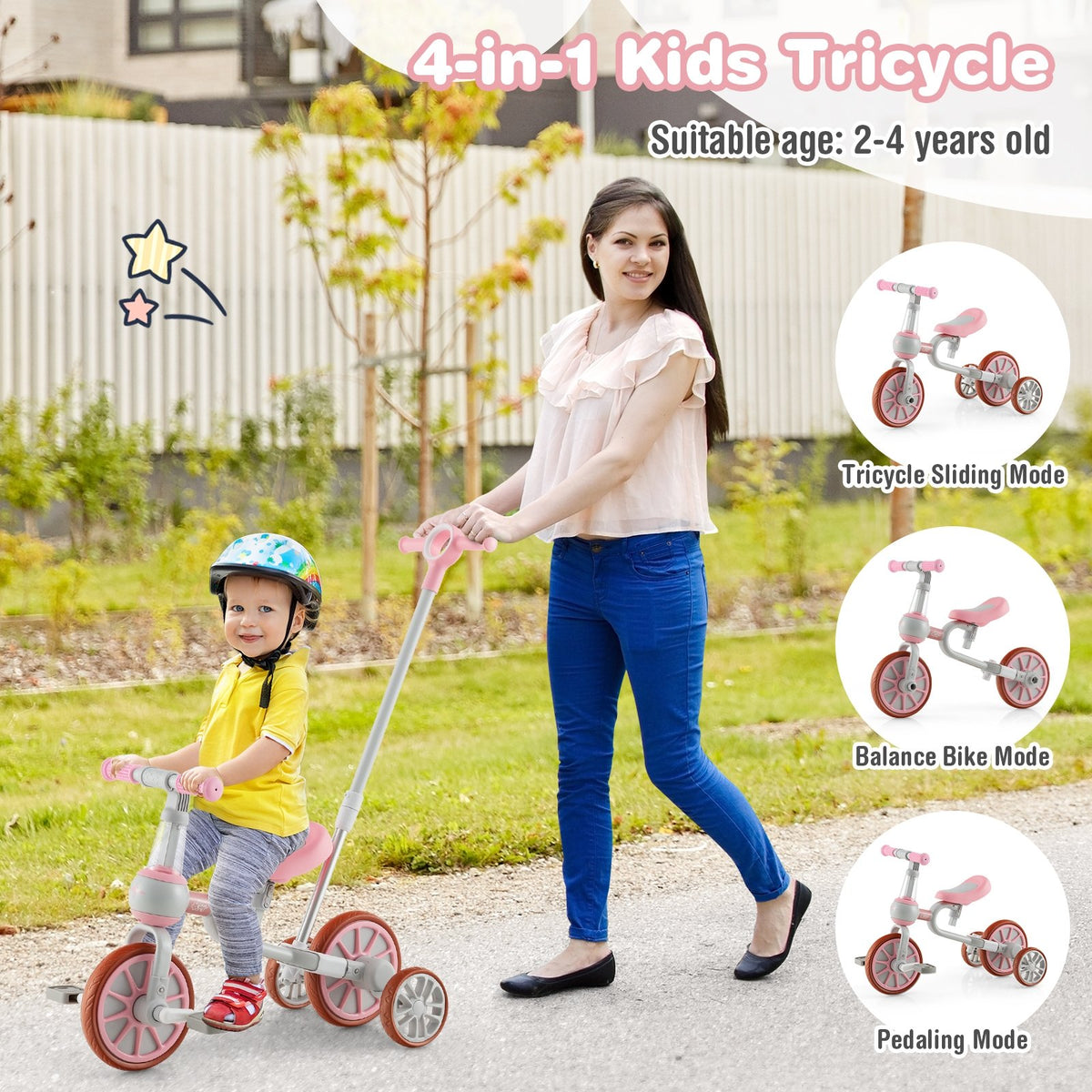 4-in-1 Kids Trike Bike with Adjustable Parent Push Handle and Seat Height-Pink view 6