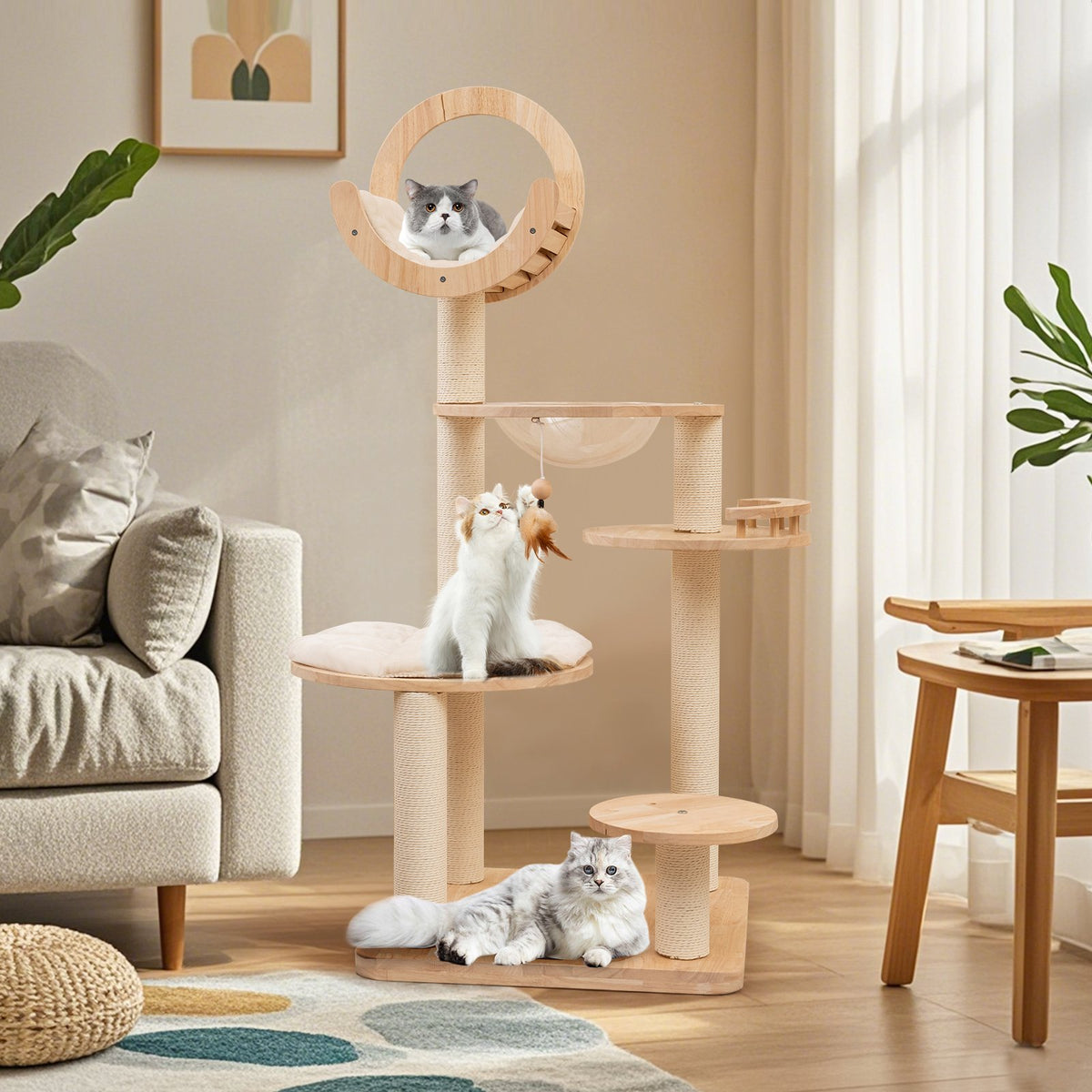4-in-1 Large Wooden Cat Tower with Space Capsule Nest for Indoor Cats view 2