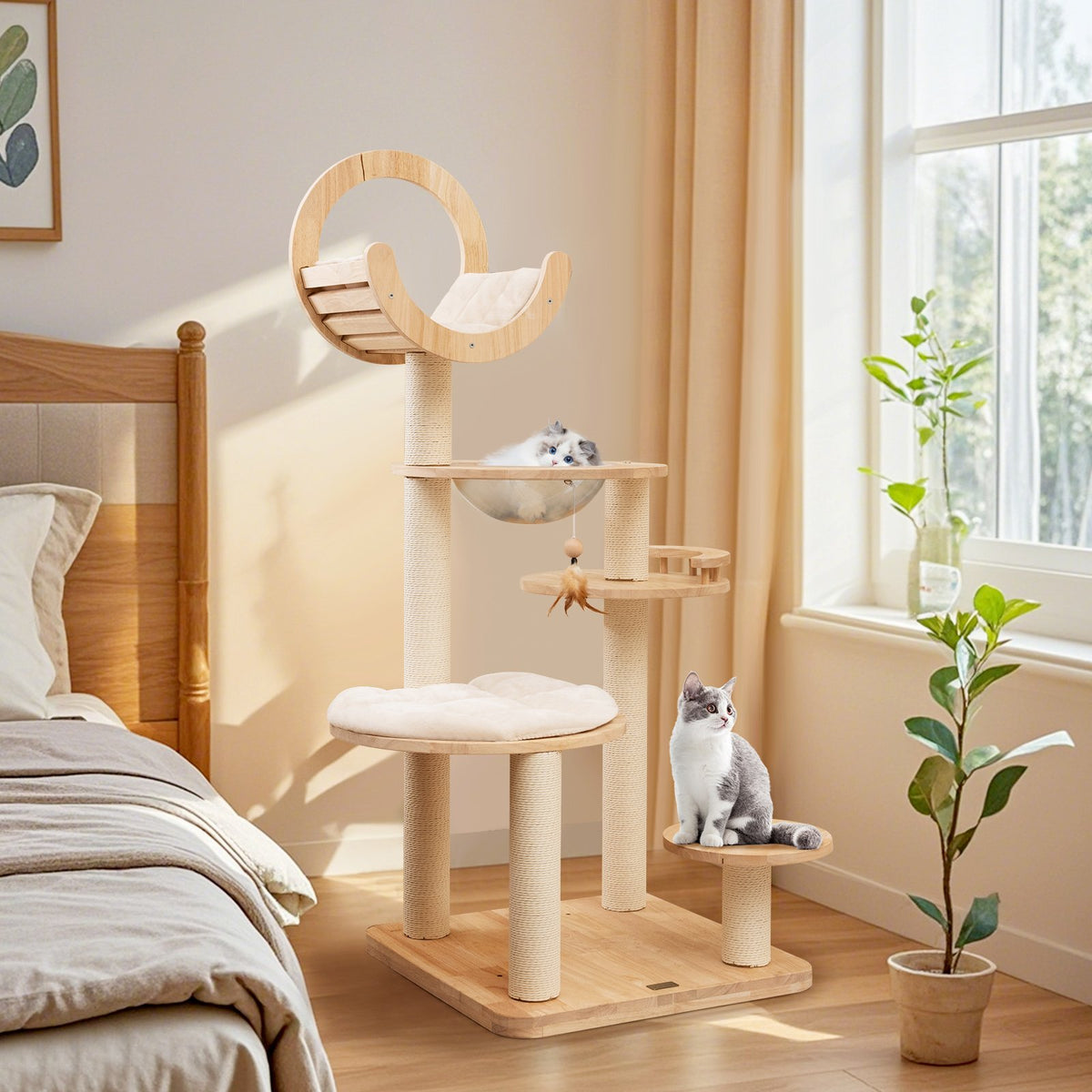 4-in-1 Large Wooden Cat Tower with Space Capsule Nest for Indoor Cats view 3