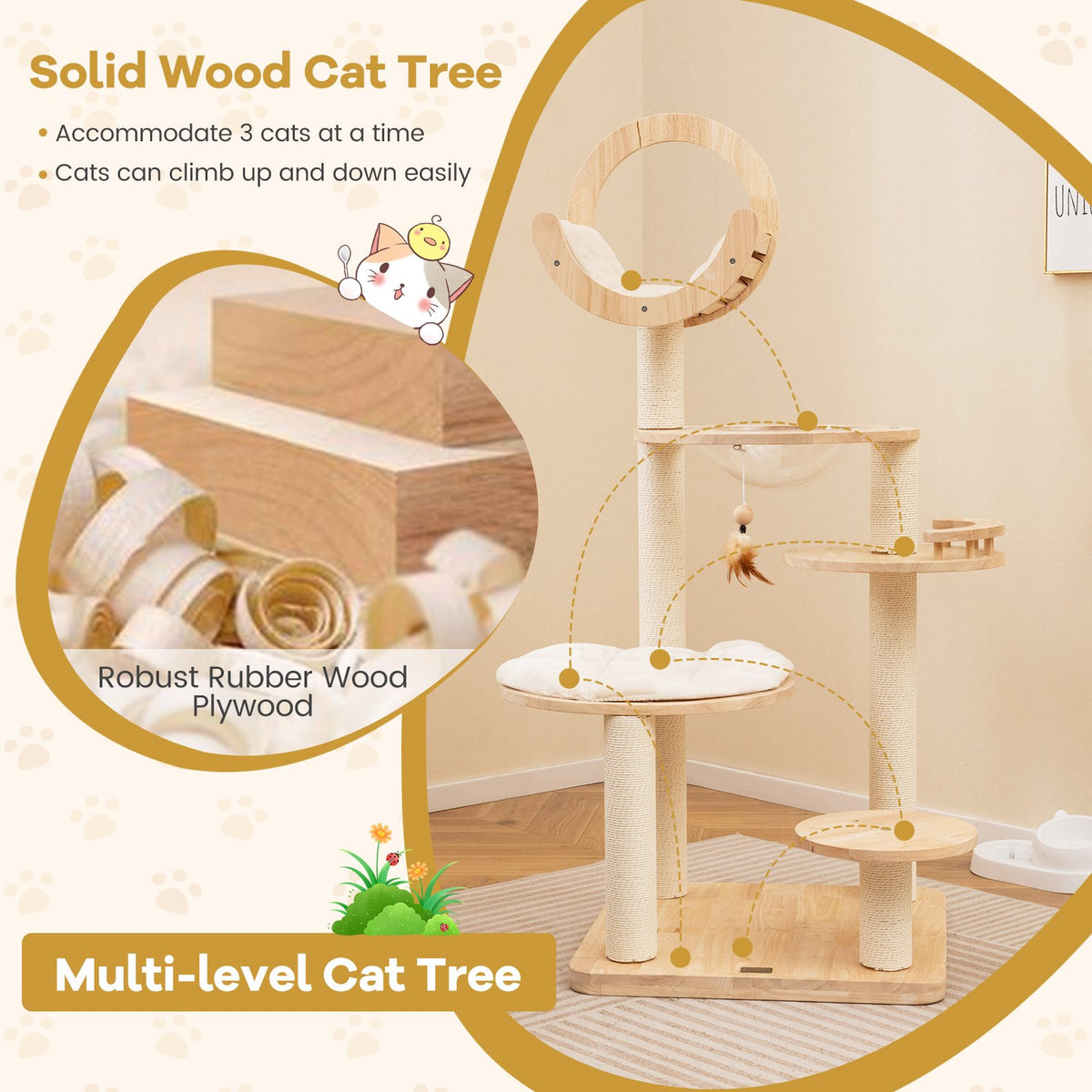 4-in-1 Large Wooden Cat Tower with Space Capsule Nest for Indoor Cats view 5