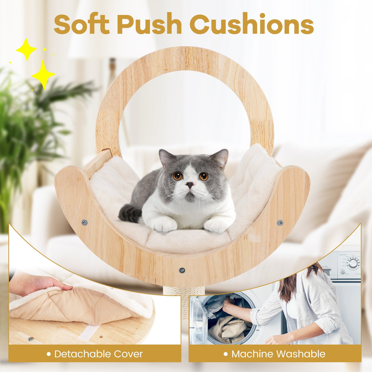 4-in-1 Large Wooden Cat Tower with Space Capsule Nest for Indoor Cats view 8