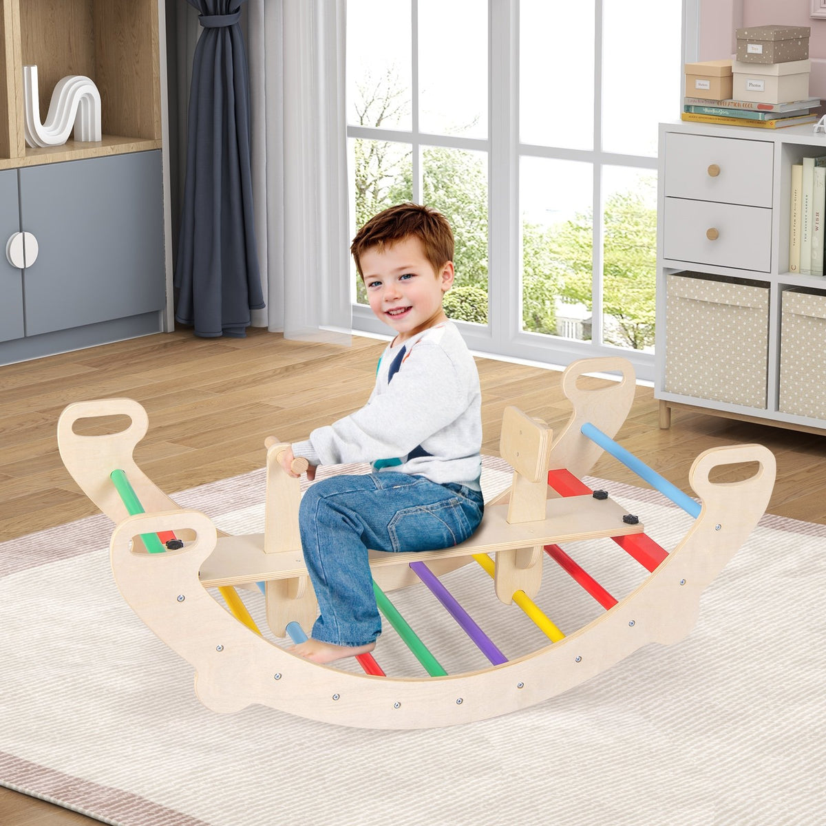 4-in-1 Multifunctional Wooden Climbing Toys with Rocker and Crawling Tunnel-Multicolor view 3