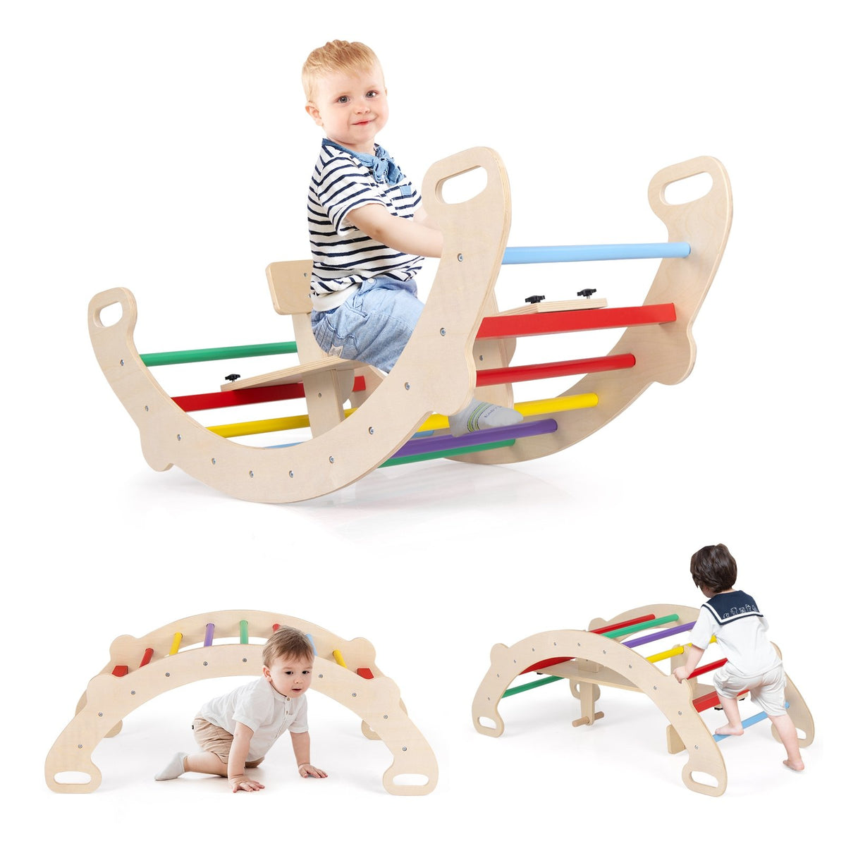 4-in-1 Multifunctional Wooden Climbing Toys with Rocker and Crawling Tunnel-Multicolor view 4