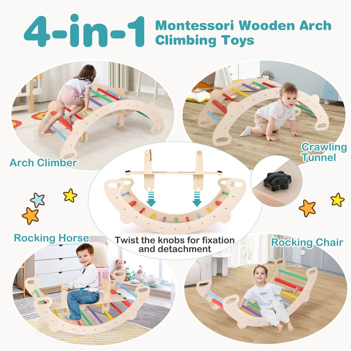 4-in-1 Multifunctional Wooden Climbing Toys with Rocker and Crawling Tunnel-Multicolor view 6