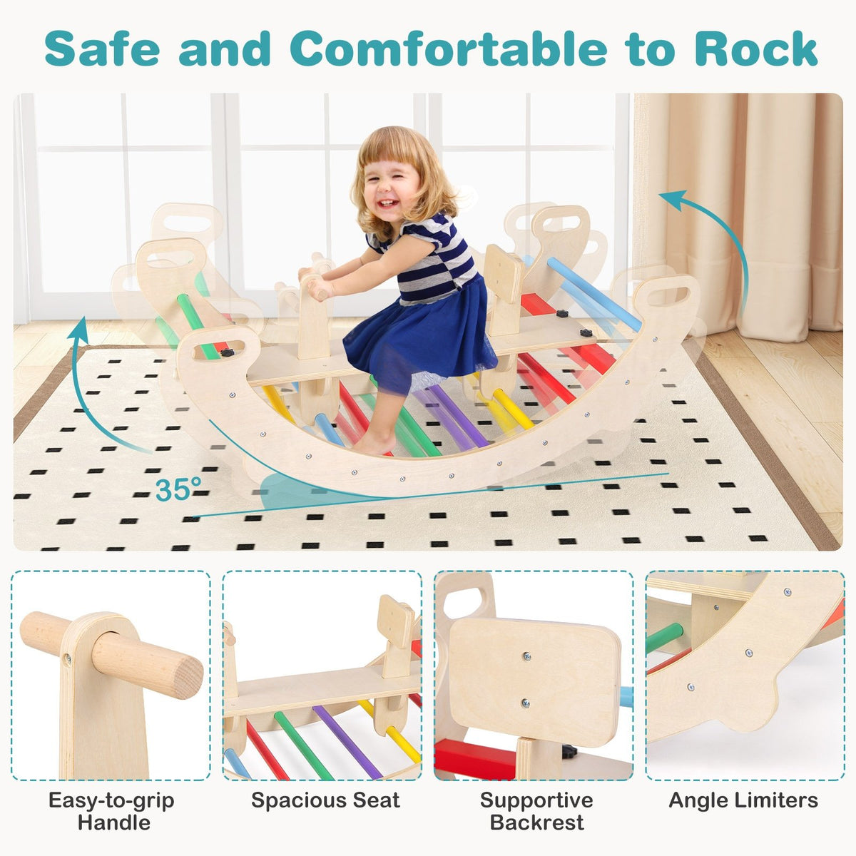 4-in-1 Multifunctional Wooden Climbing Toys with Rocker and Crawling Tunnel-Multicolor view 8