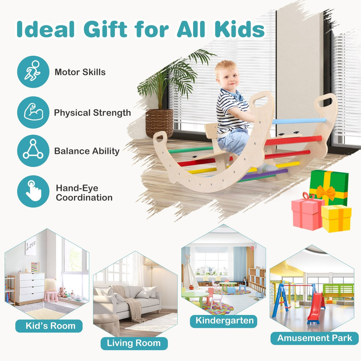 4-in-1 Multifunctional Wooden Climbing Toys with Rocker and Crawling Tunnel-Multicolor view 9