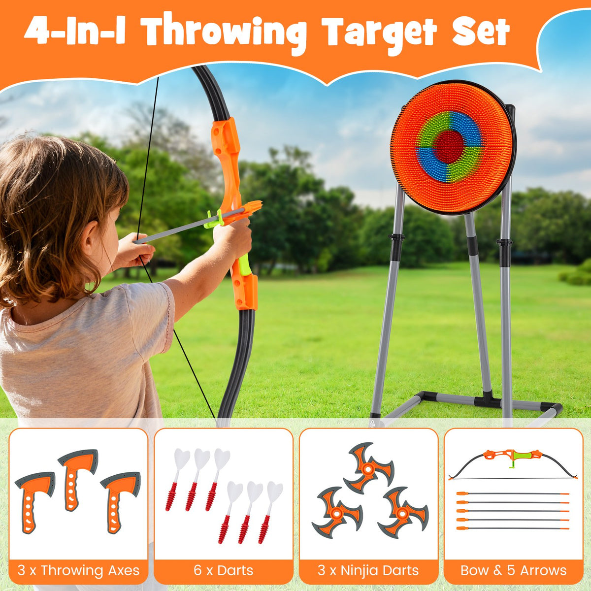 4 in 1 Throwing Target Set Kids Throwing Game with Bristle Target and 3 Throwing axes view 6