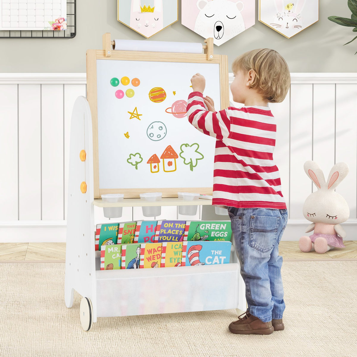 4-in-1 Toddler Activity Table Set with Magnetic Whiteboard and Chalk Board-Natural view 2