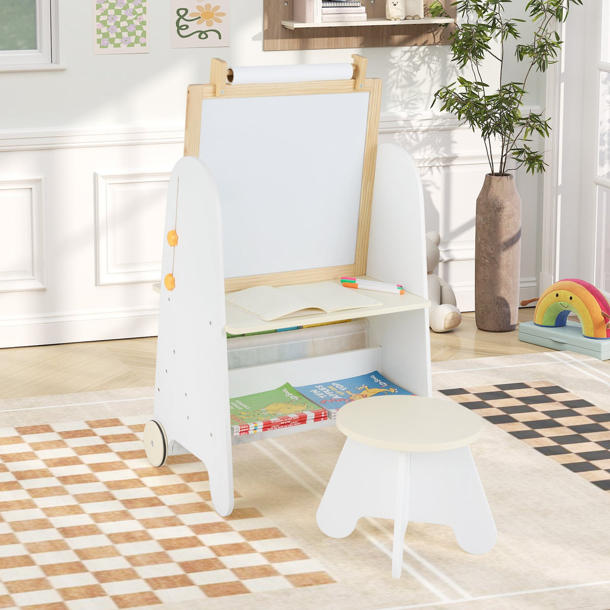 4-in-1 Toddler Activity Table Set with Magnetic Whiteboard and Chalk Board-Natural view 3