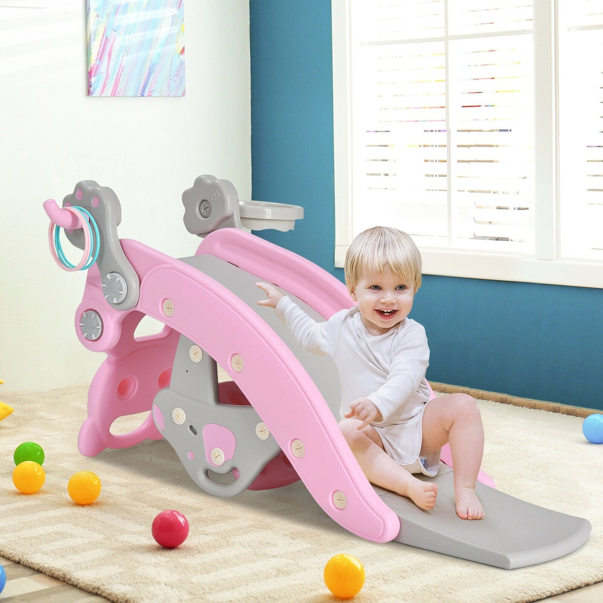 4-in-1 Toddler Slide and Rocking Horse Playset with Basketball Hoop-Pink view 2