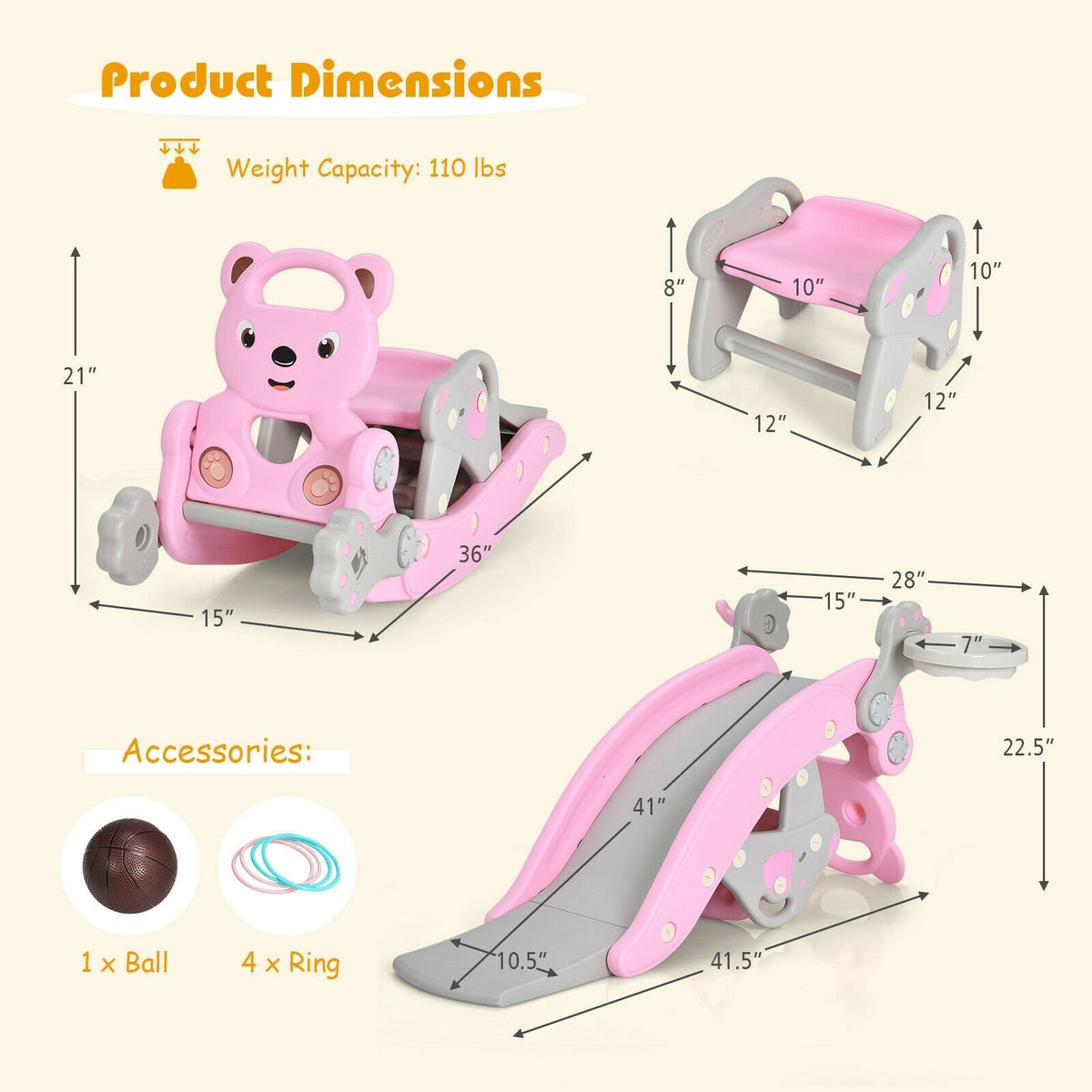 4-in-1 Toddler Slide and Rocking Horse Playset with Basketball Hoop-Pink view 4