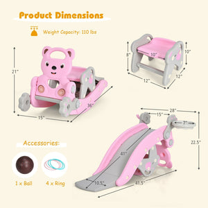 4-in-1 Toddler Slide and Rocking Horse Playset with Basketball Hoop-Pink view 4