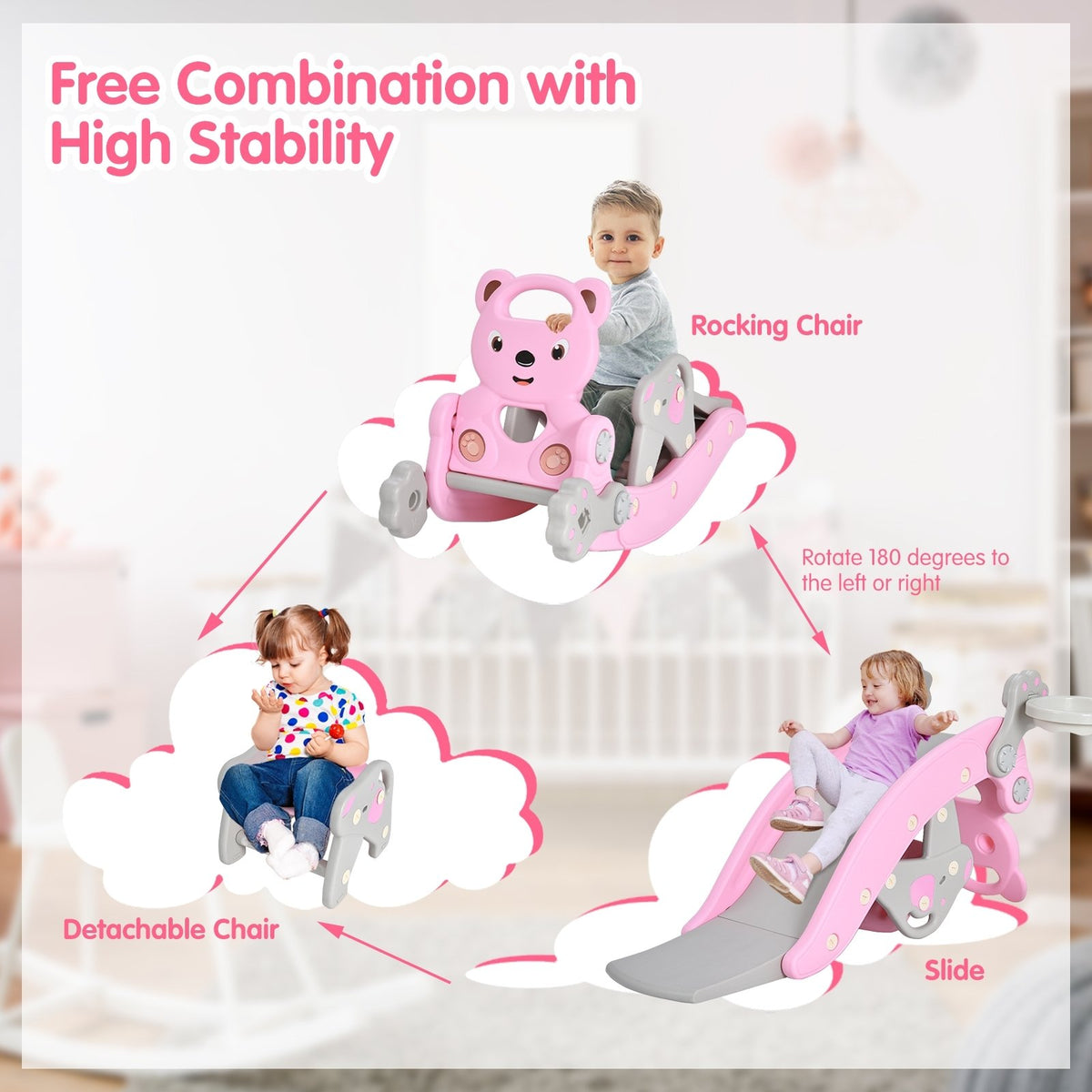 4-in-1 Toddler Slide and Rocking Horse Playset with Basketball Hoop-Pink view 5