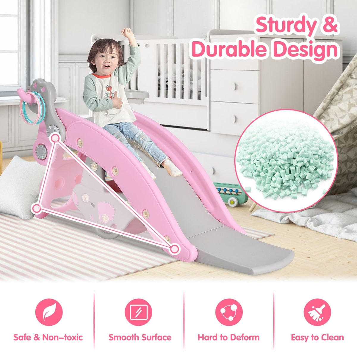 4-in-1 Toddler Slide and Rocking Horse Playset with Basketball Hoop-Pink view 6