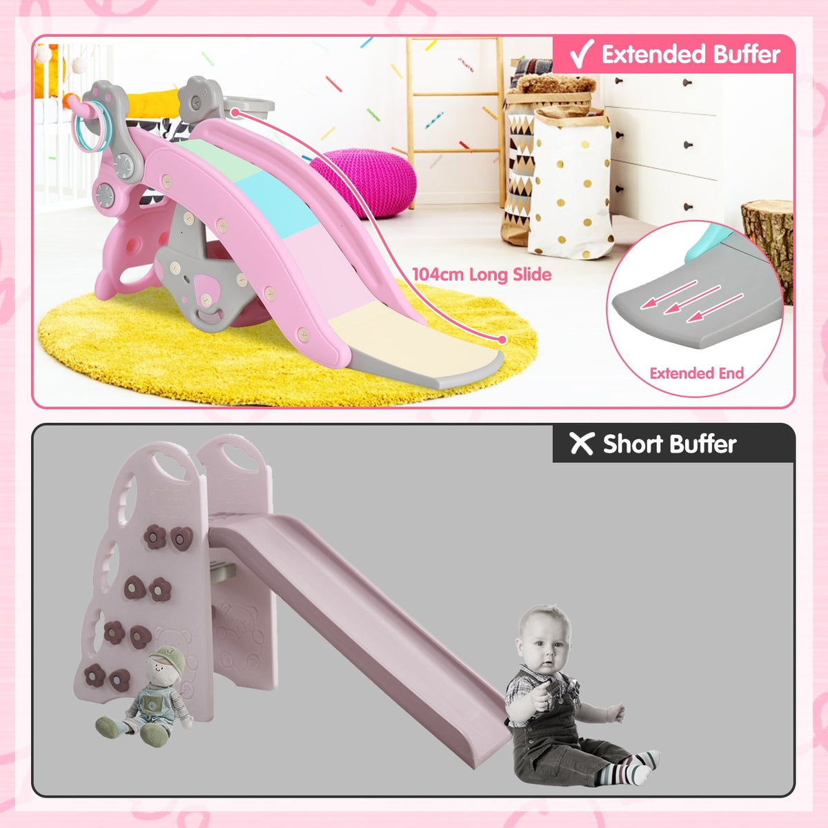 4-in-1 Toddler Slide and Rocking Horse Playset with Basketball Hoop-Pink view 7