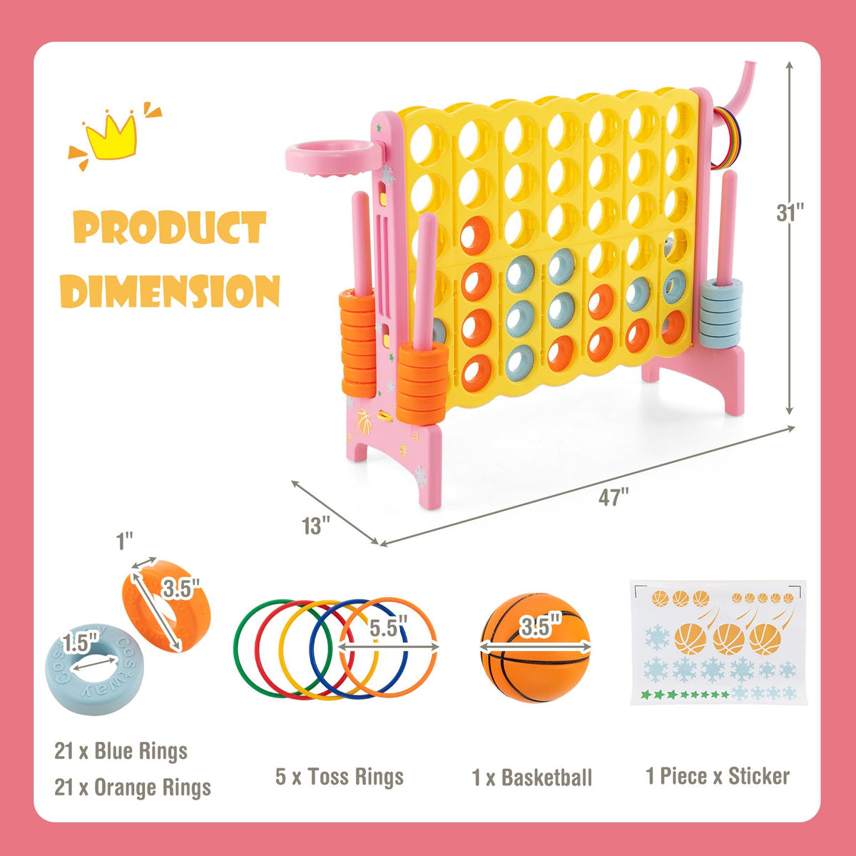 4-in-a-Row Connect Game with Basketball Hoop and Toss Ring-Pink view 3