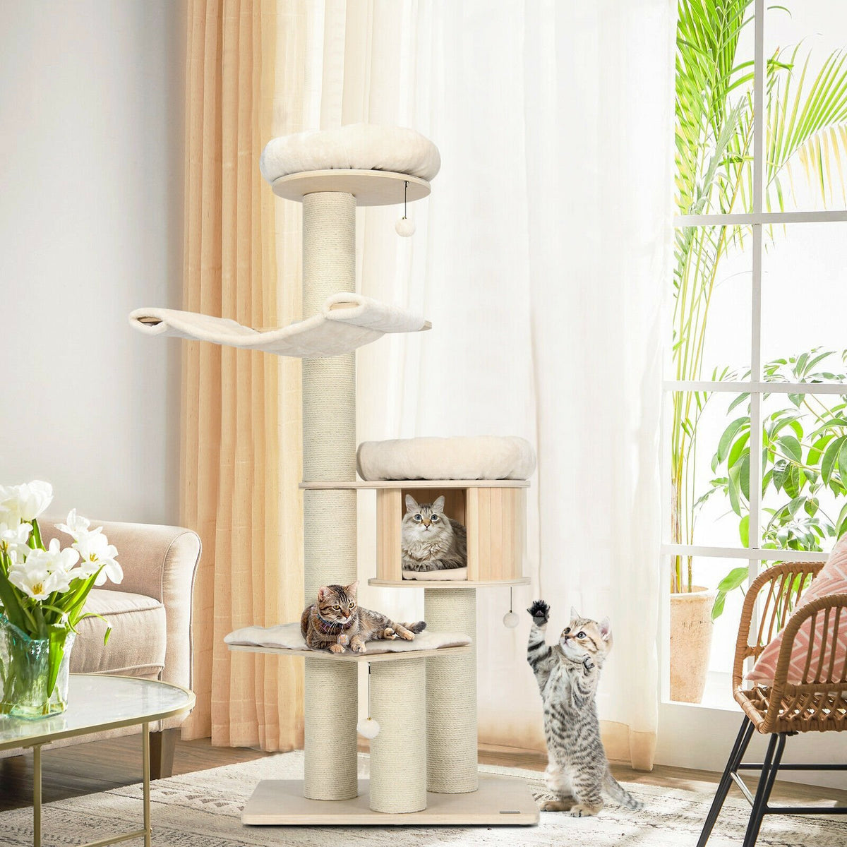 4-Layer 68.5-Inch Wooden Cat Tree Condo Activity Tower with Sisal Posts-Natural view 2