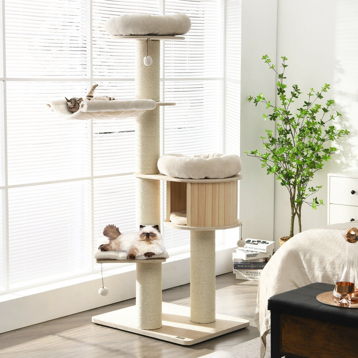 4-Layer 68.5-Inch Wooden Cat Tree Condo Activity Tower with Sisal Posts-Natural view 3